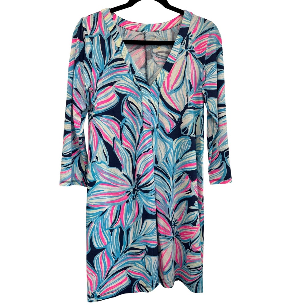 Lilly Pulitzer Amina Dress in High Tide Pima Cotton V-Neck‎ 3/4 Sleeve Small